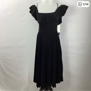 Halston Heritage Black Pleated Midi Dress